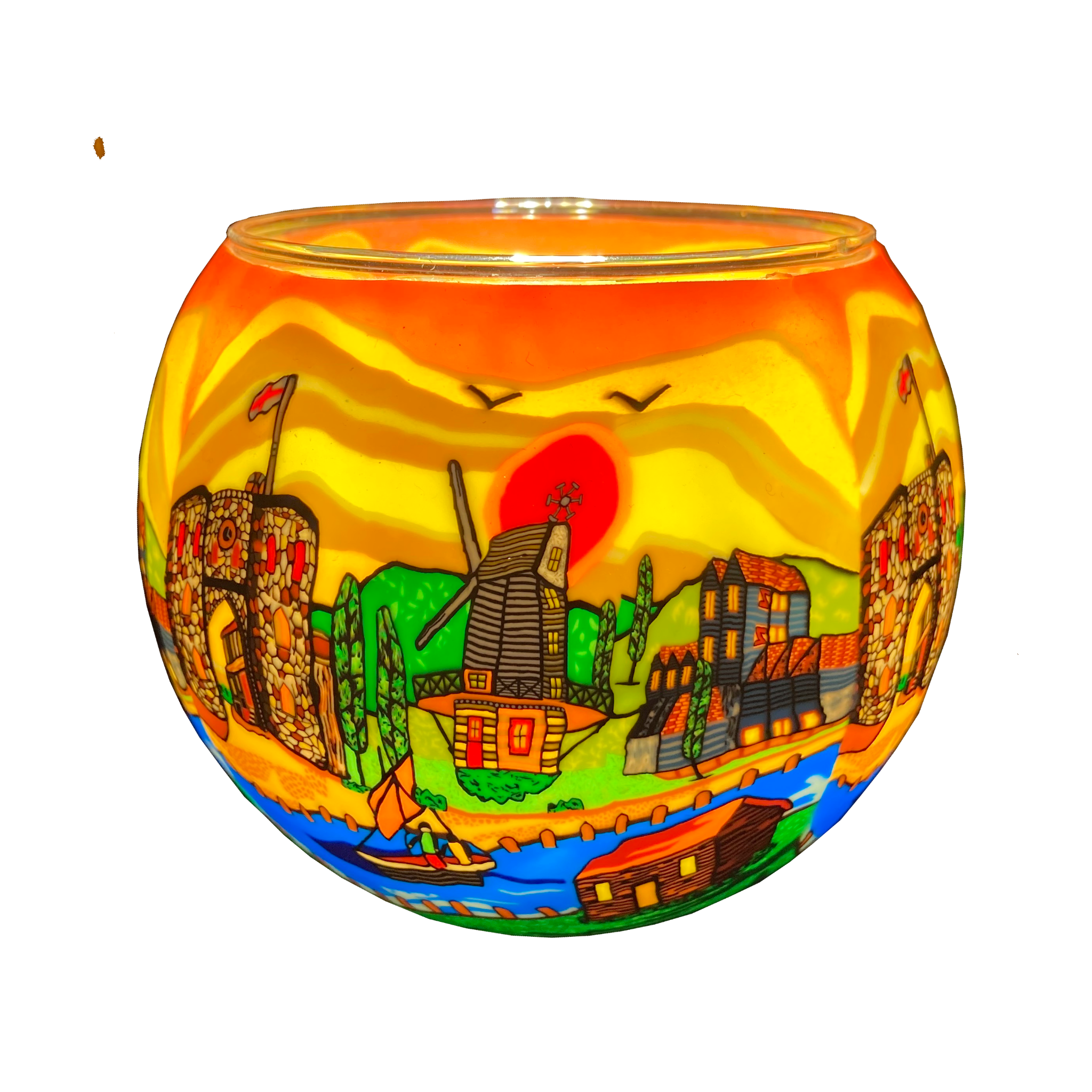 21633 British Village, 11cm Glowing Glass, Pack of 6