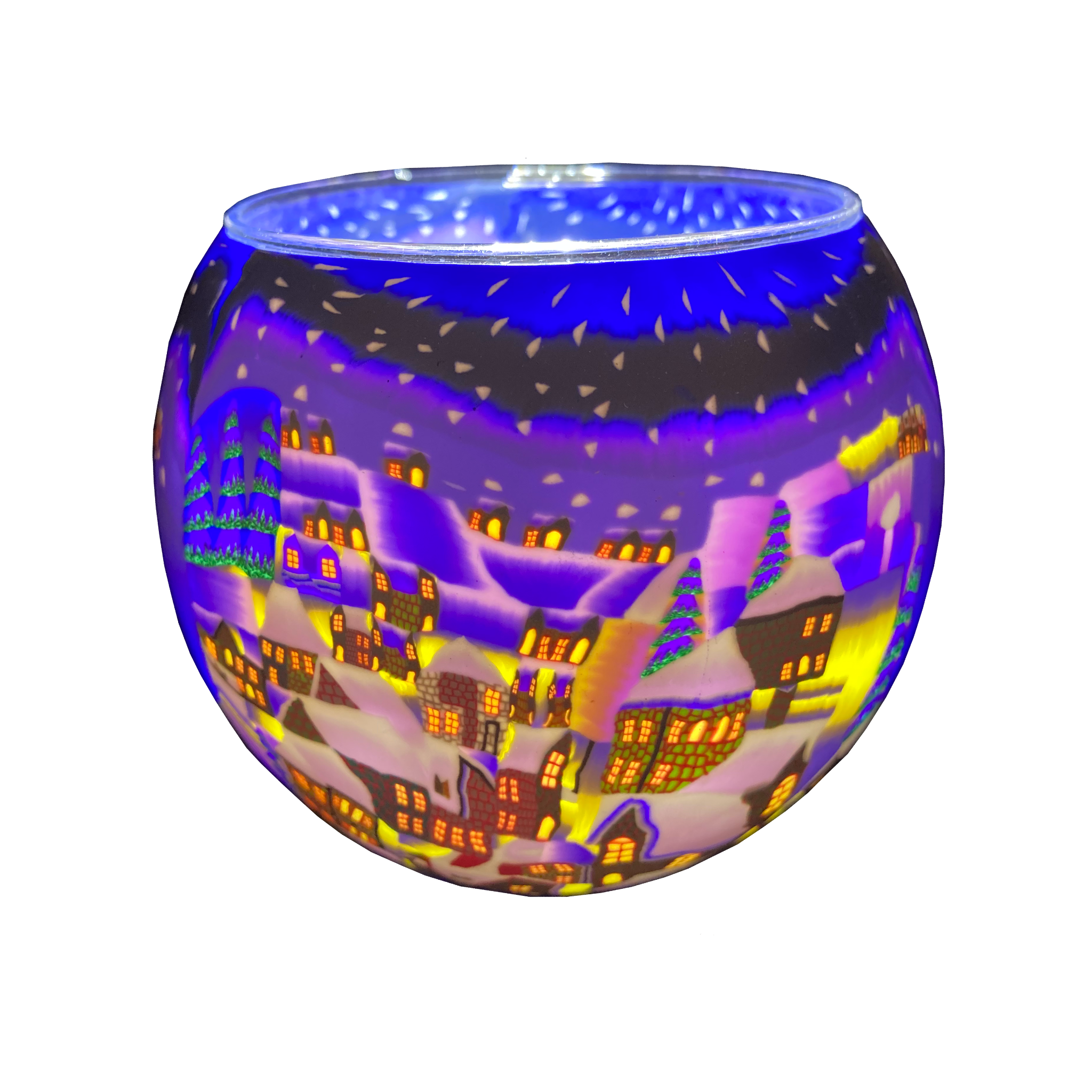 21822 Snowy Town by Night, 11cm Glowing Glass, Pack of 6
