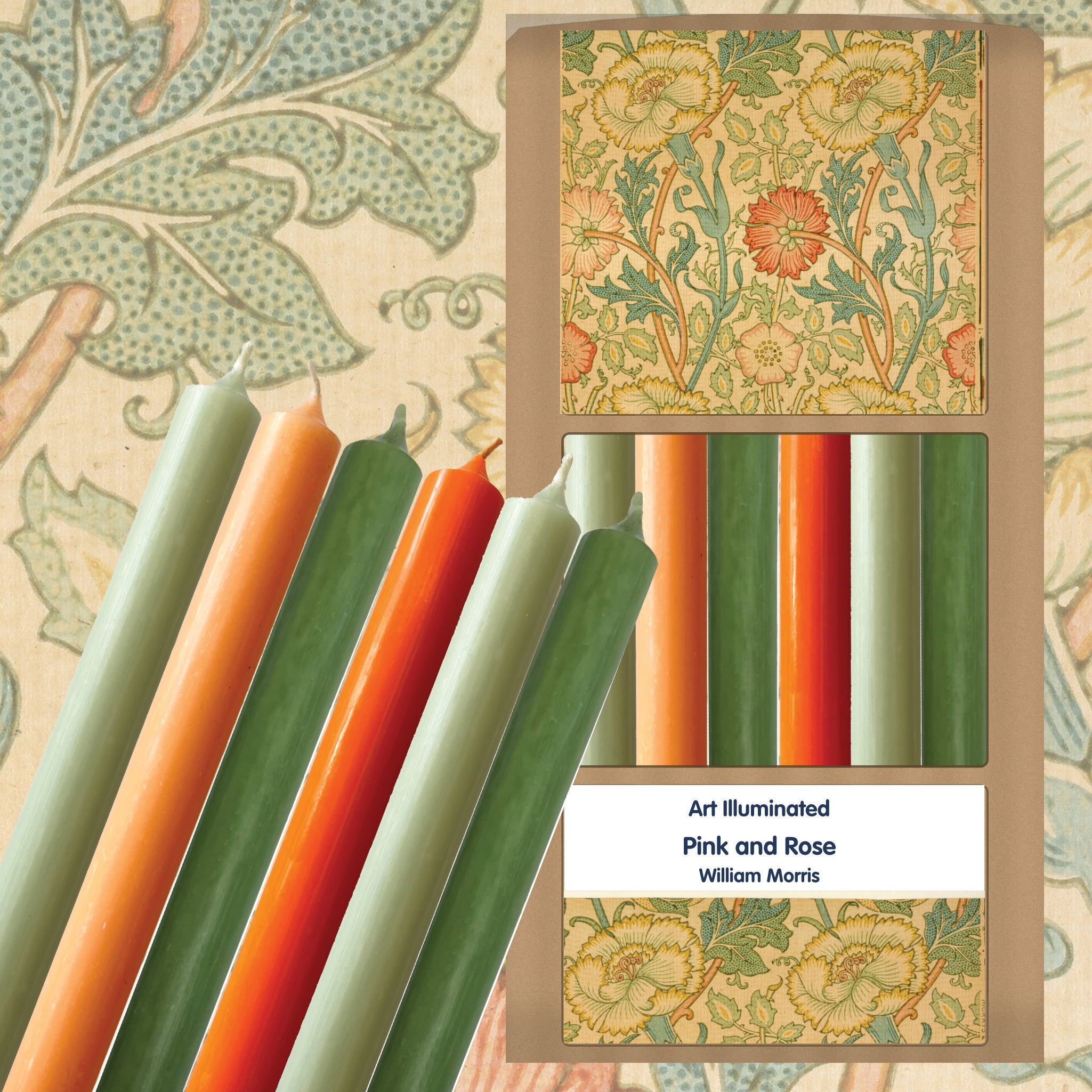 William Morris – Pink and Roses – Case of 6 Dinner Candle Sets