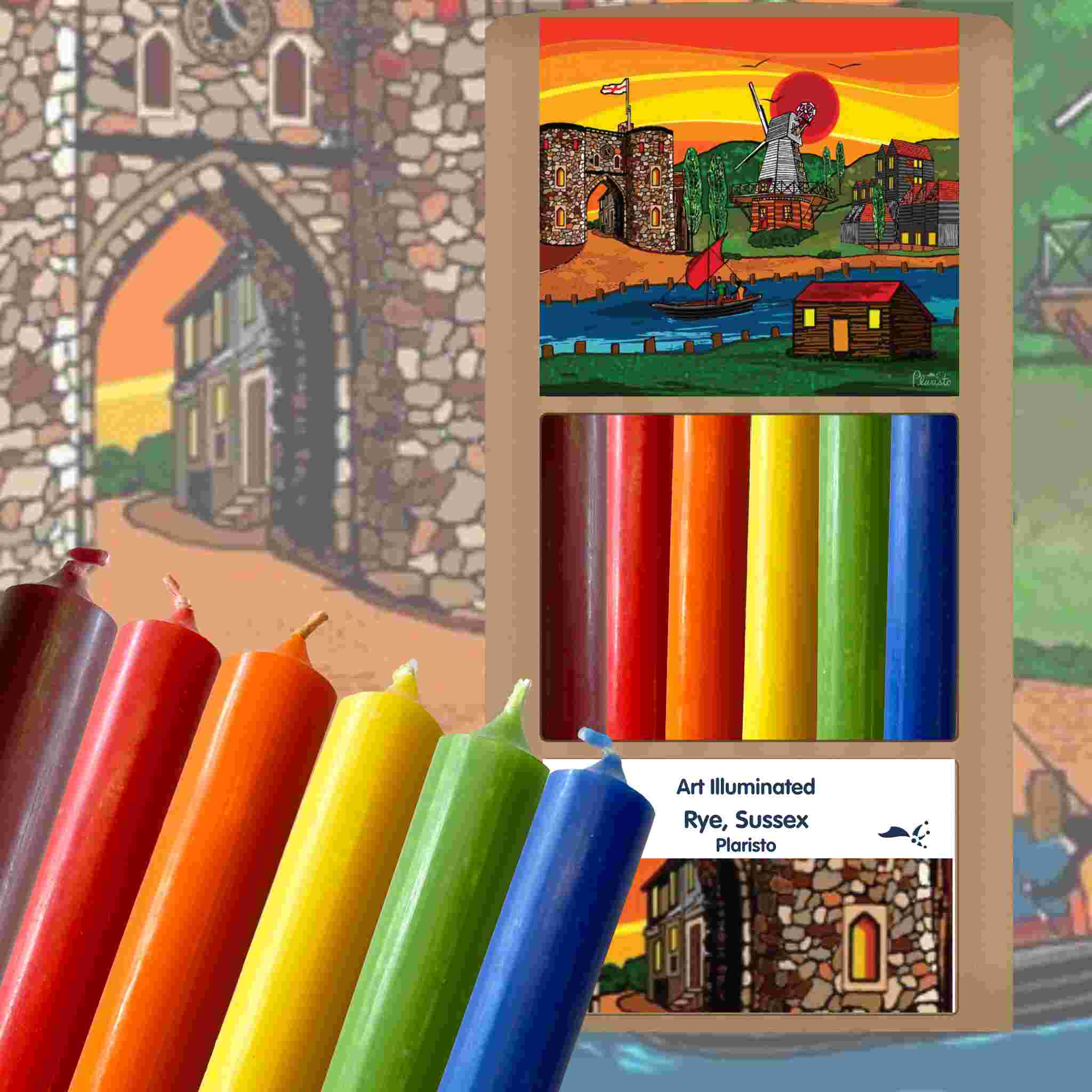 Plaristo – Rye, Sussex – Rainbow – Case of 6 Dinner Candle Sets